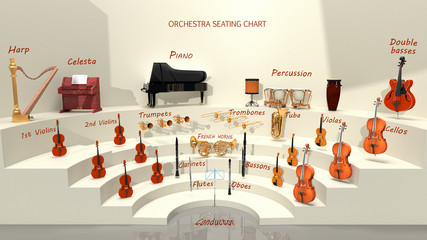 Orchestra seating chart - musical instrument positions. 3D rendering - obrazy, fototapety, plakaty