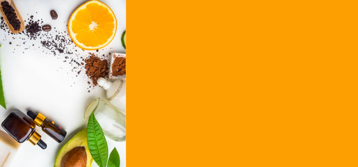 Composition with shea butter, coconut oil, soap, ingredients for skin care. All natural face and body moisturizer, spa treatment preparation background.