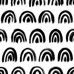 Black and white hand drawn arcs vector seamless pattern. Freehand paintbrush semicircles.