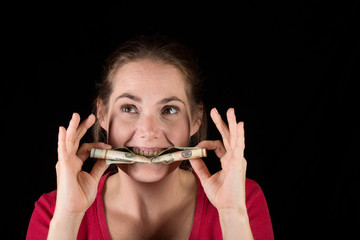 Woman with American Money in her teeth