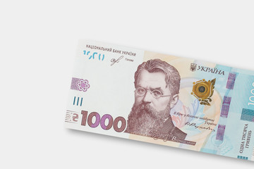 Ukrainian 1000 Hryven 2019 banknote on a gray background. Volodymyr Vernadskyi (1863-1945), historian, philosopher, naturalist and scientist.