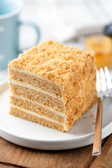 Fototapeta na wymiar Layer cake Medovik, russian honey cake on a plate. Closeup view. Square piece of cake with cream