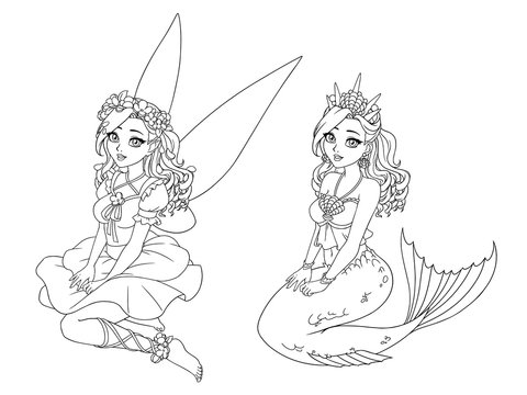Cartoon pretty fairy and mermaid with curly hair.