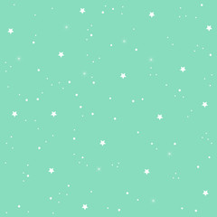 Seamless pattern with falling snow on a peppermint background. Snowflakes and stars in the sky. Vector illustration Lovely graphics.