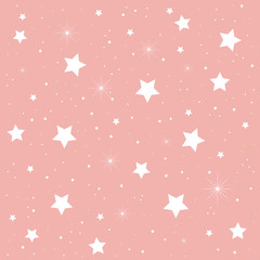 Cute, charming coral pink background with stars in the sky. Abstract vector illustration.  Winter time. Seamless illustration. Template, graphics.