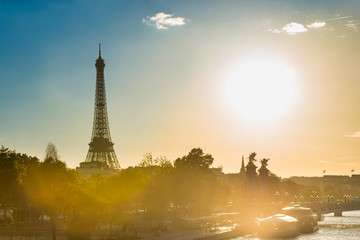 Fototapeta na wymiar Beautiful sunset with Eiffel Tower and Seine river in Paris, France