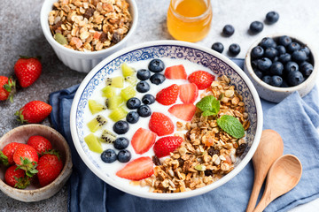 Granola smoothie bowl with fruits berries on table. Closeup view. Healthy lifestyle, clean eating, dieting and weight loss concept