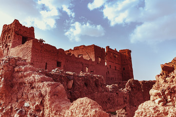 View of ruined traditionnal construction with clay in Morocco