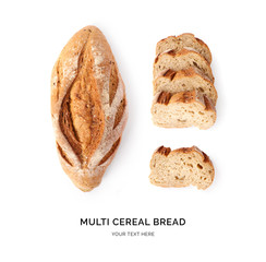 Creative layout made of multi cereal bread on white background. Flat lay. Food concept. Macro concept.
