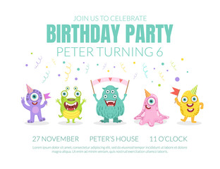 Birthday invitation with cute monsters. Vector illustration.