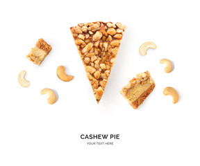 Creative layout made of cashew pie on the white background. Flat lay. Food concept. Macro concept.