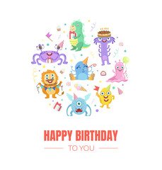 Birthday card with cute monsters. Vector illustration.