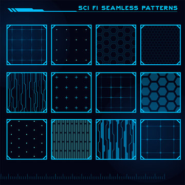 Set of Sci Fi Modern Seamless Patterns. Futuristic Abstract HUD. Good for game UI. Vector Illustration EPS10