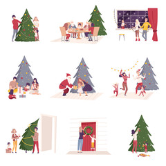 Happy People Preparing and Celebrating Winter Holidays, Men, Women and Kids Decorating Christmas Tree, Giving Gifts, Sitting at Festive Table Vector Illustration
