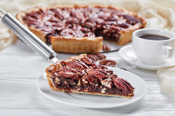 close-up of a slice of delicious pecan pie