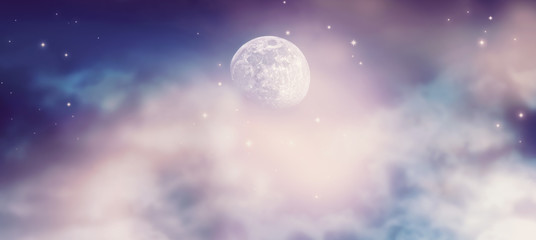 Obraz na płótnie Canvas Fantastical fantasy background of magical deep purple night sky with moon, shining stars and mysterious clouds. Idyllic tranquil fabulous panoramic scene. Photo of moon is taken by me with my camera.
