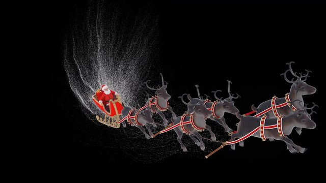 Santa Claus on a sleigh with Christmas reindeer. Animation with alpha channel.