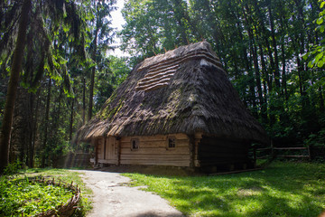 fairytale wooden house in the forest,the footpath leads to an antique clay house with a wooden thatched roof in the forest