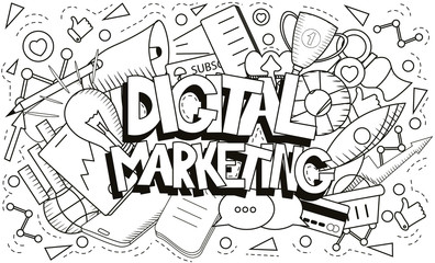 Digital marketing illustration. Includes text and many different social icons. Black and white objects. Digital agency background. For use in posters, banners, advertising, headers, websites.