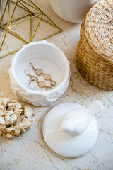 Country style home decor, jewelry box and wicker basket