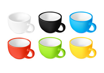 Set of colored cups for soup, empty tureen for liquid food, ceramic dishes, kitchen utensils. Vector.