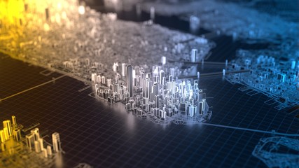 digital new york city with glowing edges, 3d illustration