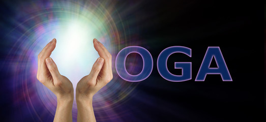 Come and Experience the amazing energy of Yoga - Female using both hands to make the Y in the word...