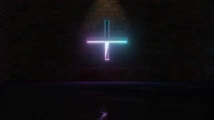 3D rendering of blue violet neon plus symbol icon on brick wall