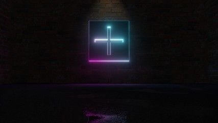 3D rendering of blue violet neon plus symbol icon on brick wall
