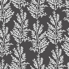 Vector seamless background with hand drawn illustration of herbs, or plants white on dark field. Can be used for wallpaper, pattern fills, web page, surface textures, textile print, wrapping paper