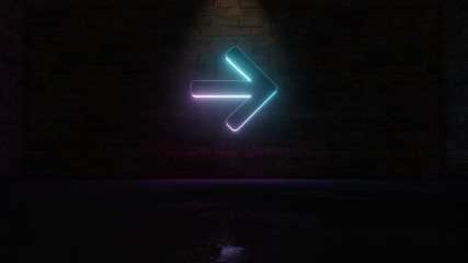 3D rendering of blue violet neon symbol of arrow right icon on brick wall
