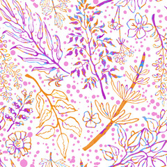Fototapeta na wymiar Vector seamless background with colorful watercolor illustration of herbs, plants and flowers. Can be used for wallpaper, pattern fills, web page, surface textures, textile print, wrapping paper