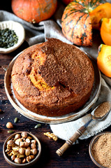 Pumpkin cake with nuts and pumpkin seeds and brown sugar