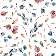 Seamless Pattern of Watercolor Blue and Orange Leaves