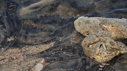 the rocks on the beach sand are gray in the morning, with less light, out of focus, suitable for the background