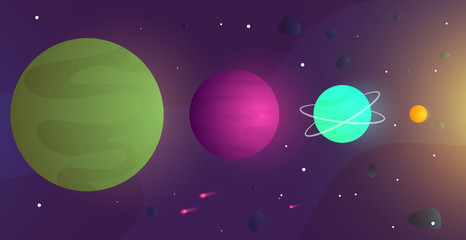 Obraz na płótnie Canvas Colorful cartoon planets and deep space in flat style. Bright cute science astronomical composition. Fantasy sci-fi template for games or branding design. Vector illustration.