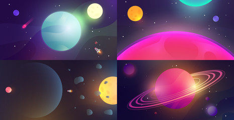 Colorful cartoon planets and deep space in flat style. Bright cute science astronomical composition. Fantasy sci-fi template for games or branding design. Vector illustration. © cgterminal