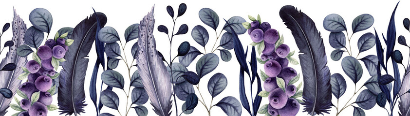 Cotton fabric Seamless Border of Watercolor Dark Foliage