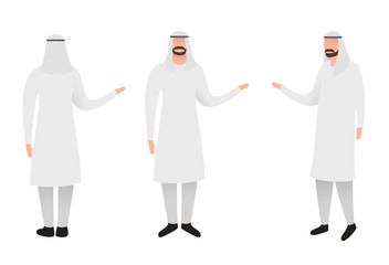 Fototapeta premium Cartoon muslim man in traditional clothes isolated on white background. Colorful character in different position. Front, rear, side view. Flat design style. Vector illustration.