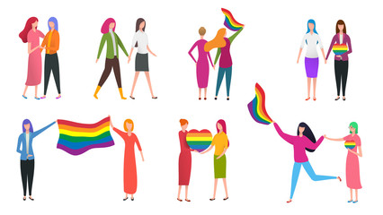 Set of two woman in different situations. Lesbian couple isolated on white background. Nontraditional relationships between people. Lgbt concept vector illustration in cartoon flat style.