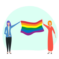 Two woman holding flag. Lesbian couple isolated on white background. Nontraditional relationships between people. Lgbt concept vector illustration in cartoon flat style.