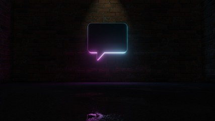3D rendering of blue violet neon symbol of rounded chat bubble icon on brick wall