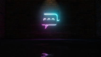 3D rendering of blue violet neon symbol of two rounded chat bubbles icon on brick wall