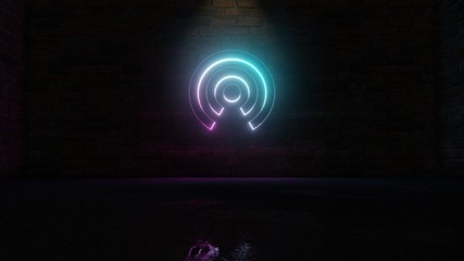 3D rendering of blue violet neon symbol of connection icon on brick wall