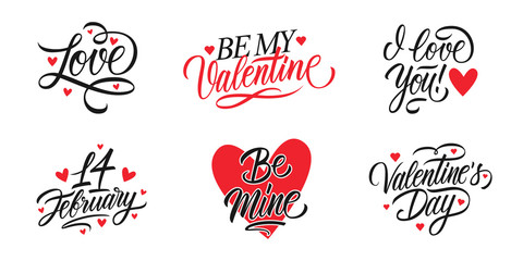 Valentines Day romantic lettering set. Happy Valentine's Day, 14 february holiday greetings. Vector Illustration.