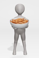 3D Render of Cartoon Character with Almonds in Bowl