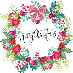 Christmas card. Watercolor painting with hand lettering. Berry wreath for Christmas. Watercolor.