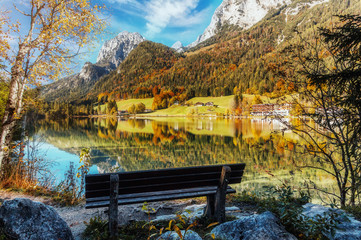 Beautiful Sunny Day on the Alpine Highland. Popular Resort and photograph location, Hintersee lake,