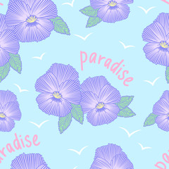 imitation embroidery viola flower tropical paradise seamless pattern, hand drawing purple flowers light blue background, editable vector illustration for fabric, textile, decoration