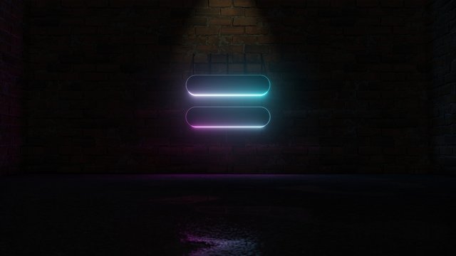 3D rendering of blue violet neon symbol of equal  icon on brick wall